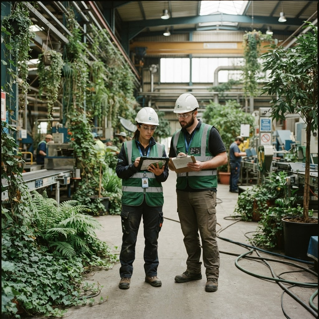 Consultores ambientais com equipamento de segurança em uma operação industrial
